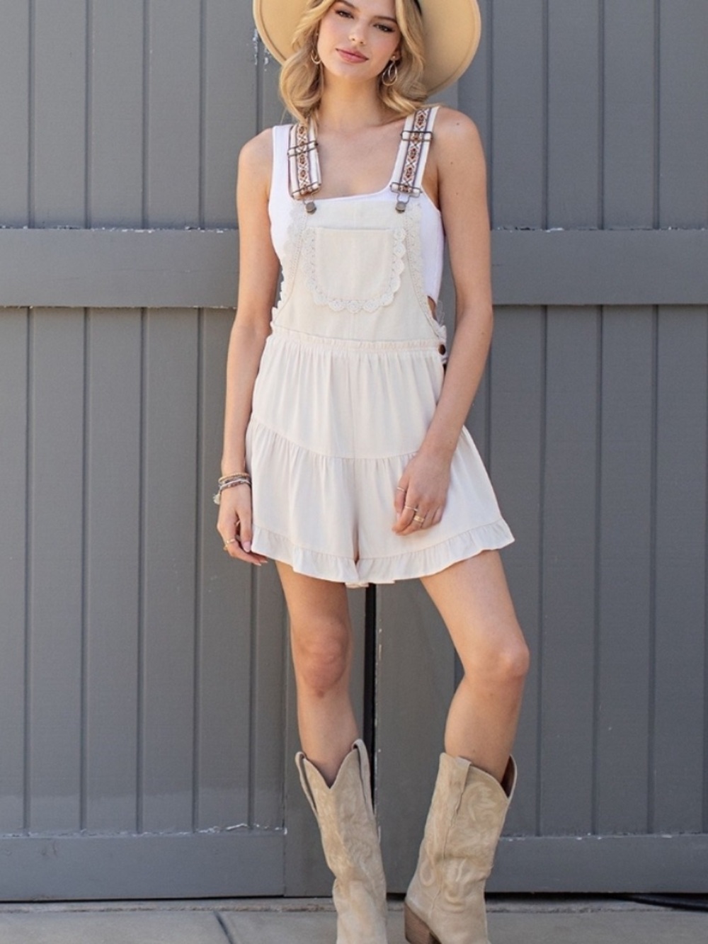Eesome Lace Trim Tiered Cream Ruffle Overalls - Picture 3 of 3